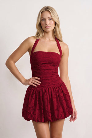 Burgundy Halter Jacquard Chiffon A-Line Homecoming Dress | SHEISME