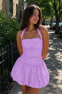 Lilac Halter Jacquard Chiffon A-Line Homecoming Dress | SHEISME