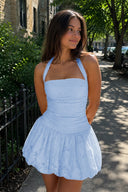 Sky Blue Halter Jacquard Chiffon A-Line Homecoming Dress | SHEISME