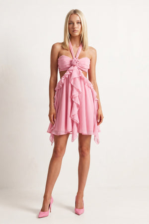 Pink Halter Ruffled A-Line Cut-Out Chiffon Homecoming Dress with 3D Flower - SHEISME