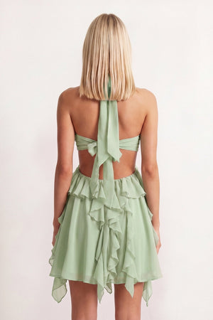 Green Halter Ruffled A-Line Cut-Out Chiffon Homecoming Dress with 3D Flower | SHEISME