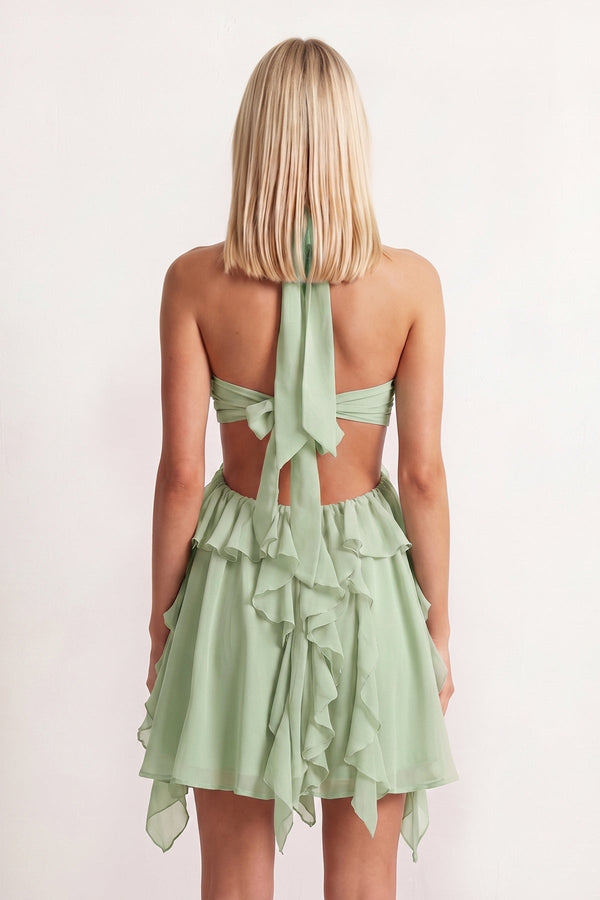Green Halter Ruffled A-Line Cut-Out Chiffon Homecoming Dress with 3D Flower | SHEISME