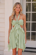 Green Halter Ruffled A-Line Cut-Out Chiffon Homecoming Dress with 3D Flower | SHEISME