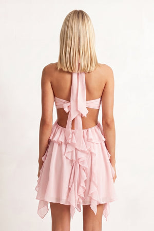 Blush Halter Ruffled A-Line Cut-Out Chiffon Homecoming Dress with 3D Flower | SHEISME
