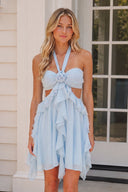 Sky Blue Halter Ruffled A-Line Cut-Out Chiffon Homecoming Dress with 3D Flower | SHEISME