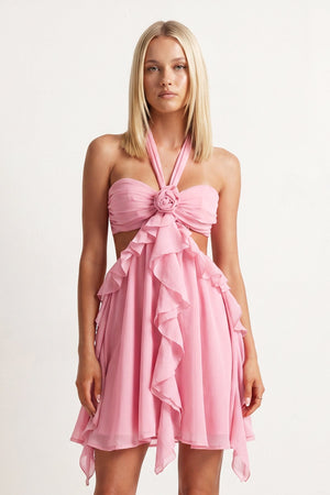 Pink Halter Ruffled A-Line Cut-Out Chiffon Homecoming Dress with 3D Flower - SHEISME