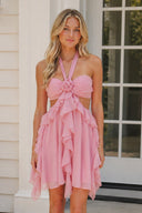 Pink Halter Ruffled A-Line Cut-Out Chiffon Homecoming Dress with 3D Flower - SHEISME