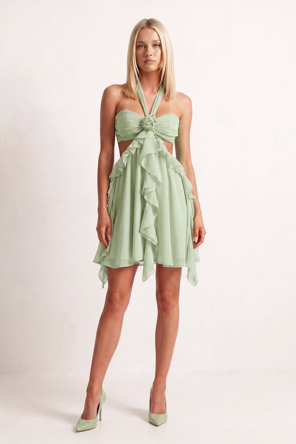 Green Halter Ruffled A-Line Cut-Out Chiffon Homecoming Dress with 3D Flower | SHEISME