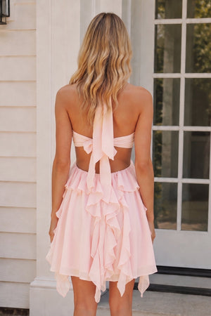 Blush Halter Ruffled A-Line Cut-Out Chiffon Homecoming Dress with 3D Flower | SHEISME