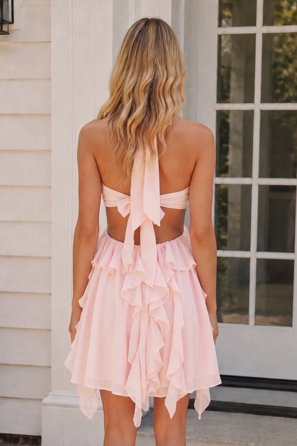 Blush Halter Ruffled A-Line Cut-Out Chiffon Homecoming Dress with 3D Flower | SHEISME