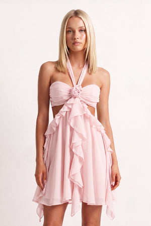 Blush Halter Ruffled A-Line Cut-Out Chiffon Homecoming Dress with 3D Flower | SHEISME