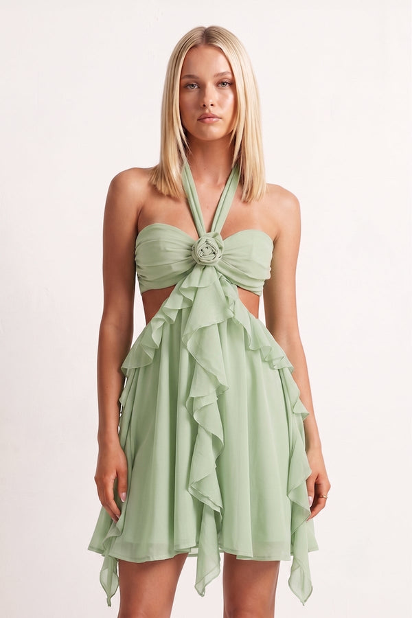 Green Halter Ruffled A-Line Cut-Out Chiffon Homecoming Dress with 3D Flower | SHEISME