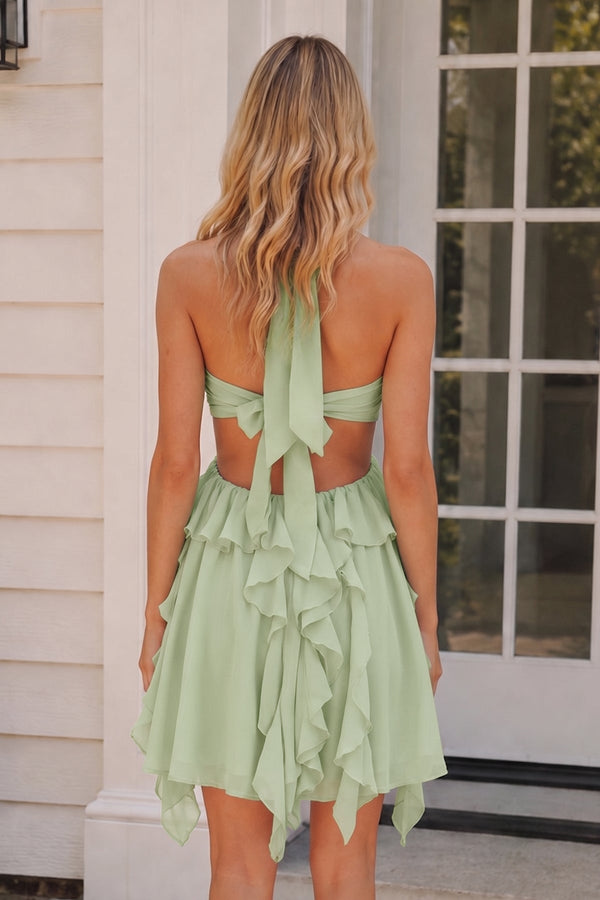 Green Halter Ruffled A-Line Cut-Out Chiffon Homecoming Dress with 3D Flower | SHEISME