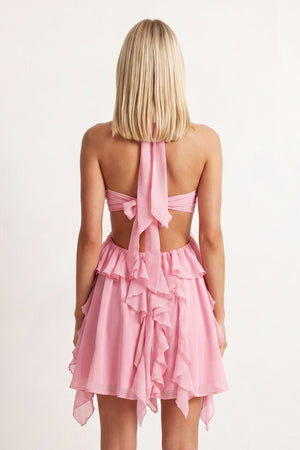 Pink Halter Ruffled A-Line Cut-Out Chiffon Homecoming Dress with 3D Flower - SHEISME