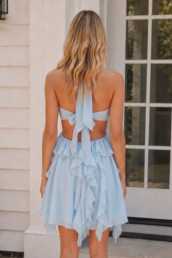 Sky Blue Halter Ruffled A-Line Cut-Out Chiffon Homecoming Dress with 3D Flower | SHEISME