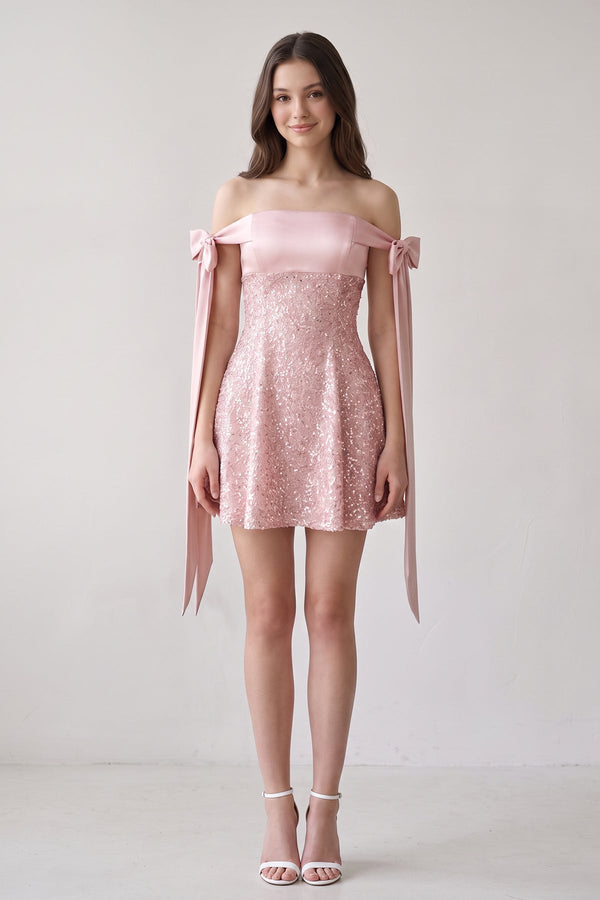 Pink Off-the-Shoulder A-Line Satin Homecoming Dress with Sequins (3) | SHEISME