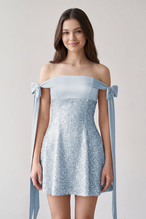 Blue Off-the-Shoulder A-Line Satin Homecoming Dress with Sequins | SHEISME
