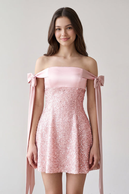 Pink Off-the-Shoulder A-Line Satin Homecoming Dress with Sequins | SHEISME
