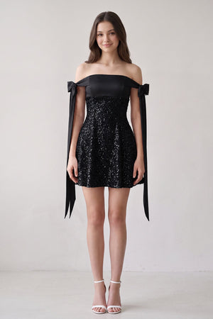 Black Off-the-Shoulder A-Line Satin Homecoming Dress with Sequins (3) | SHEISME