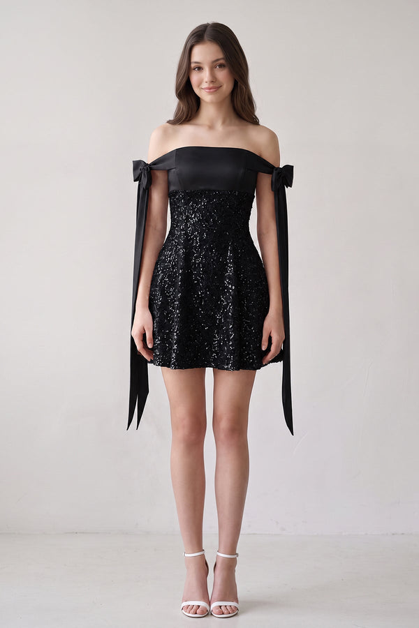 Black Off-the-Shoulder A-Line Satin Homecoming Dress with Sequins (3) | SHEISME