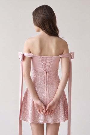 Pink Off-the-Shoulder A-Line Satin Homecoming Dress with Sequins (2) | SHEISME