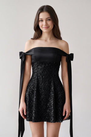 Black Off-the-Shoulder A-Line Satin Homecoming Dress with Sequins | SHEISME