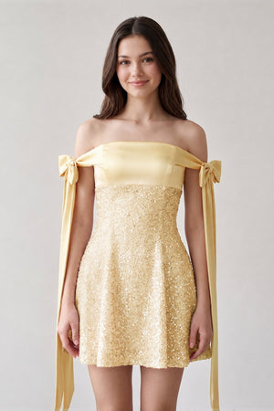 Yellow Off-the-Shoulder A-Line Satin Homecoming Dress with Sequins | SHEISME