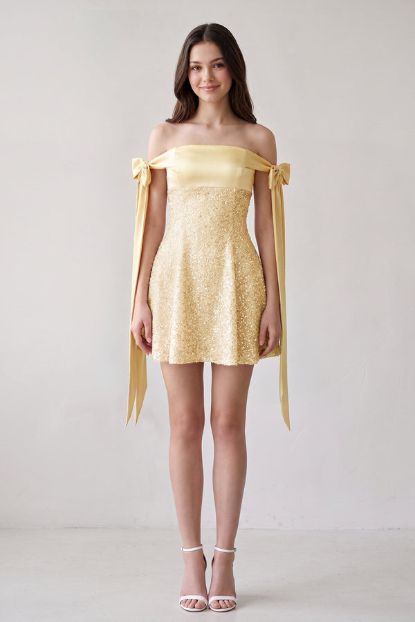 Yellow Off-the-Shoulder A-Line Satin Homecoming Dress with Sequins (3) | SHEISME