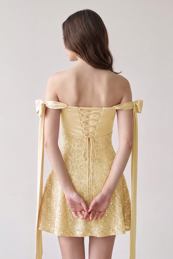 Yellow Off-the-Shoulder A-Line Satin Homecoming Dress with Sequins (2) | SHEISME