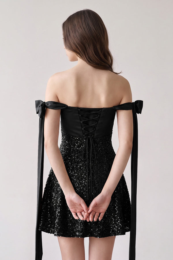 Black Off-the-Shoulder A-Line Satin Homecoming Dress with Sequins (2) | SHEISME