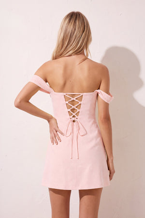 Pink Off the Shoulder Linen Sheath Homecoming Dress with Lace Up Back (4) | SHEISME