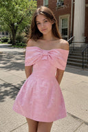 Pink Off The Shoulder Jacquard A Line Homecoming Dress With Appliques - SHEISME