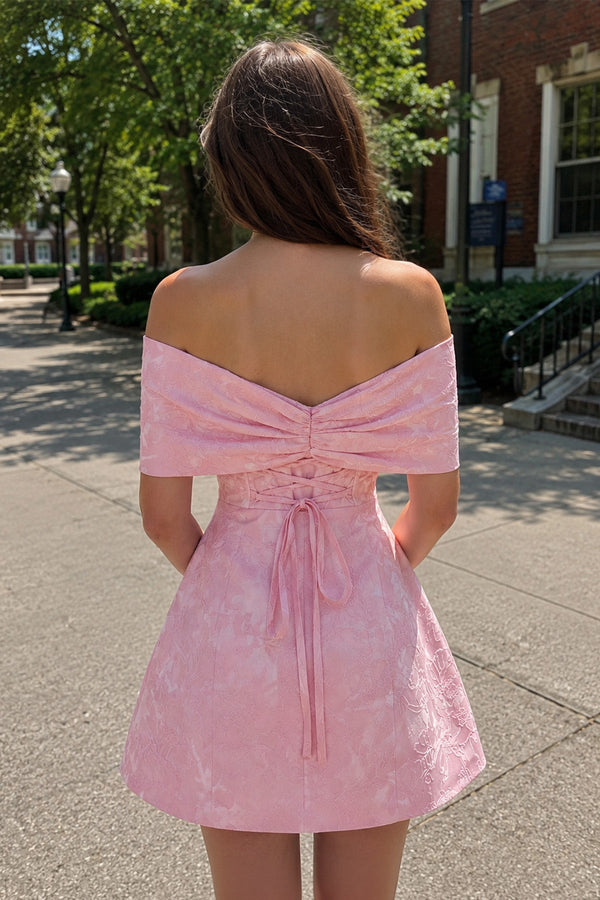 Pink Off The Shoulder Jacquard A Line Homecoming Dress With Appliques - SHEISME