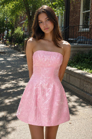 Pink Off The Shoulder Jacquard A Line Homecoming Dress With Appliques - SHEISME