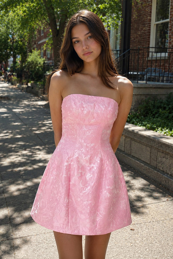 Pink Off The Shoulder Jacquard A Line Homecoming Dress With Appliques - SHEISME