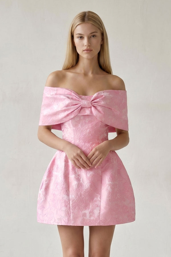Pink Off The Shoulder Jacquard A Line Homecoming Dress With Appliques - SHEISME