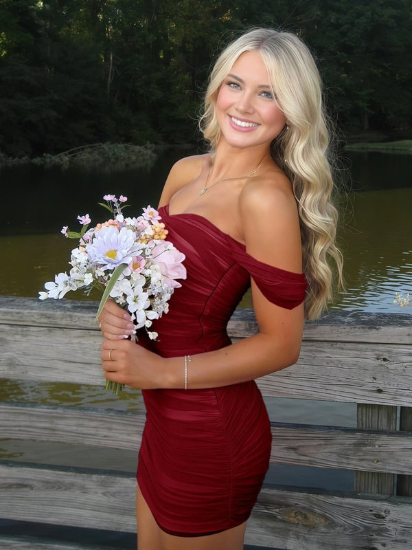 Burgundy Off The Shoulder Tulle Short Homecoming & Cocktail Dresses  - SHEISME