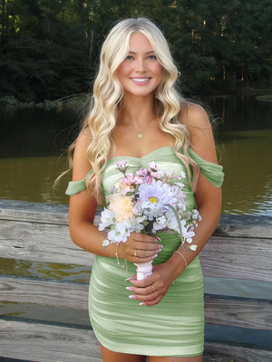 Sage Green Off The Shoulder Tulle Short Homecoming & Cocktail Dresses  - SHEISME