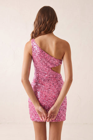 Pink One Shoulder Sequins Bodycon Cut out Mini Homecoming Dresses (2) | SHEISME