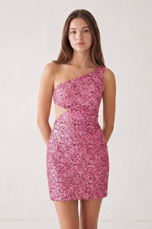 Pink One Shoulder Sequins Bodycon Cut out Mini Homecoming Dresses | SHEISME