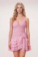 Pink Organza Halter A-Line Pleated Ruffled Homecoming Dress | SHEISME