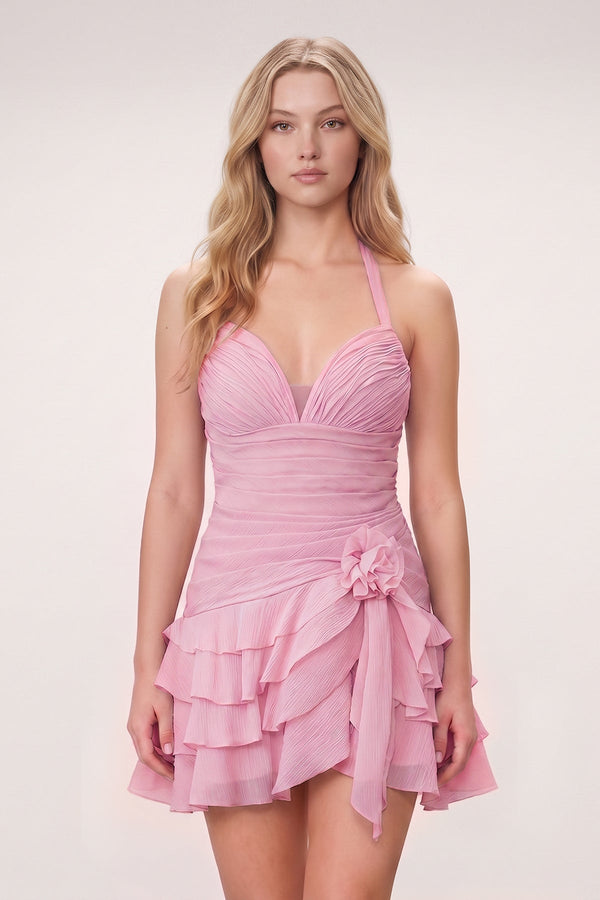 Pink Organza Halter A-Line Pleated Ruffled Homecoming Dress | SHEISME