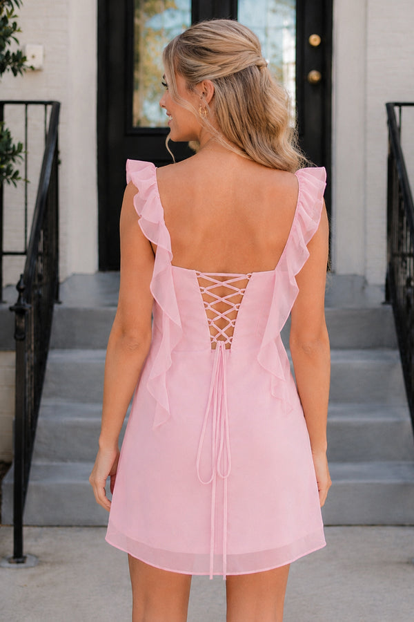 Pink Sheath Chiffon V Neck Short Homecoming Dresses With Ruffles - SHEISME