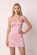 Pink Sheath Satin V Neck Short Homecoming Dresses with Flower Straps | SHEISME