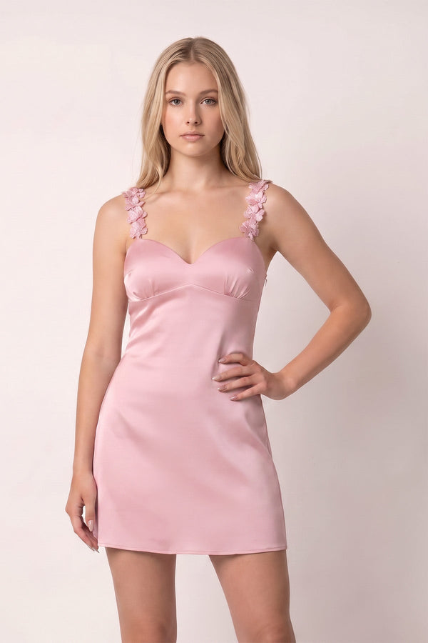 Pink Sheath Satin V Neck Short Homecoming Dresses with Flower Straps | SHEISME
