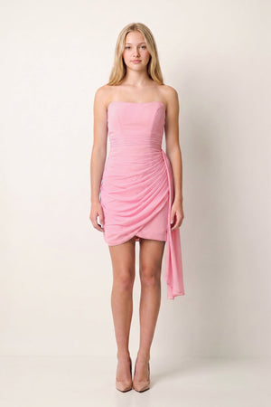 Pink Sheath Strapless Pleated Short Homecoming Dresses With Train - SHEISME