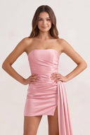 Pink Sheath Strapless Satin Short Homecoming Dress with Train | SHEISME