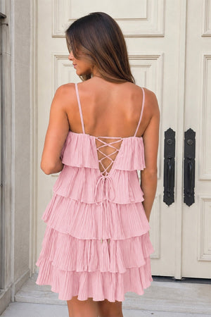 Pink Spaghetti Strap Ruffle Tiered Pleated Homecoming Dress (2) | SHEISME