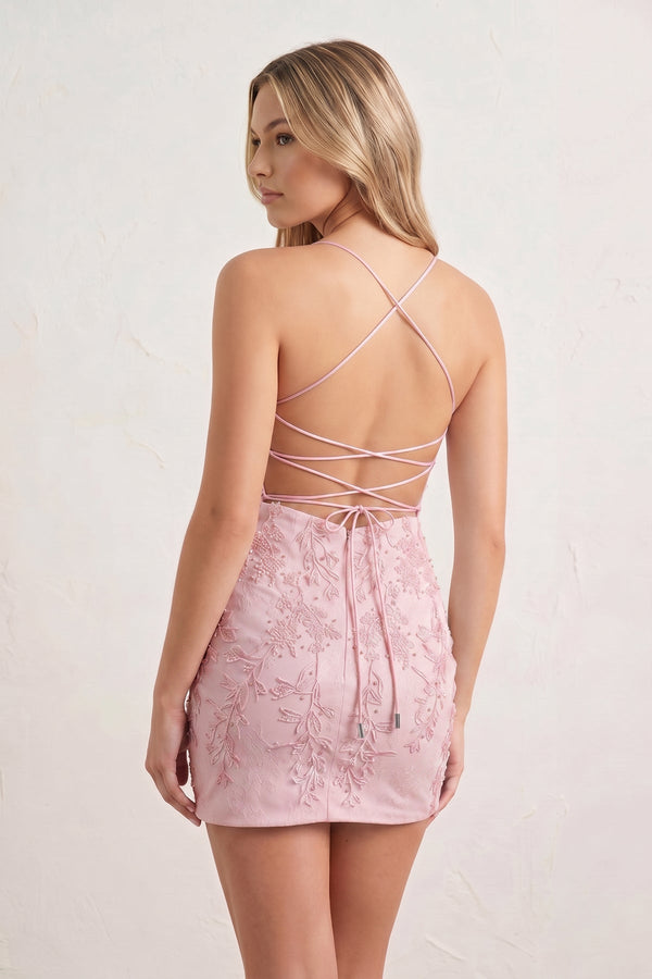 Pink Sheath Spaghetti Straps Lace Short Homecoming Dresses-SHEISME