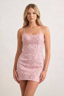 Pink Sheath Spaghetti Straps Lace Short Homecoming Dresses-SHEISME